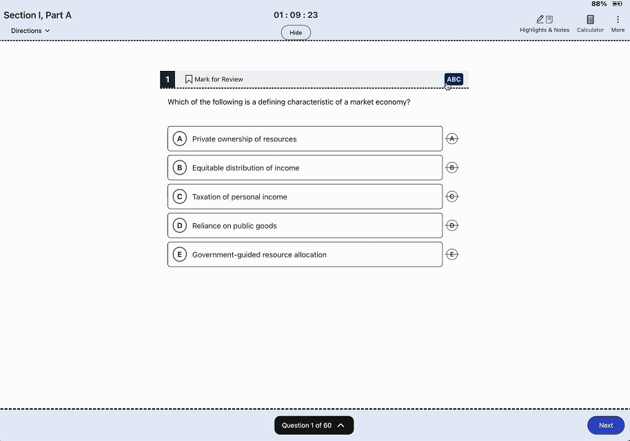Bluebook-style digital SAT exam interface with timer, answer choices, and navigation